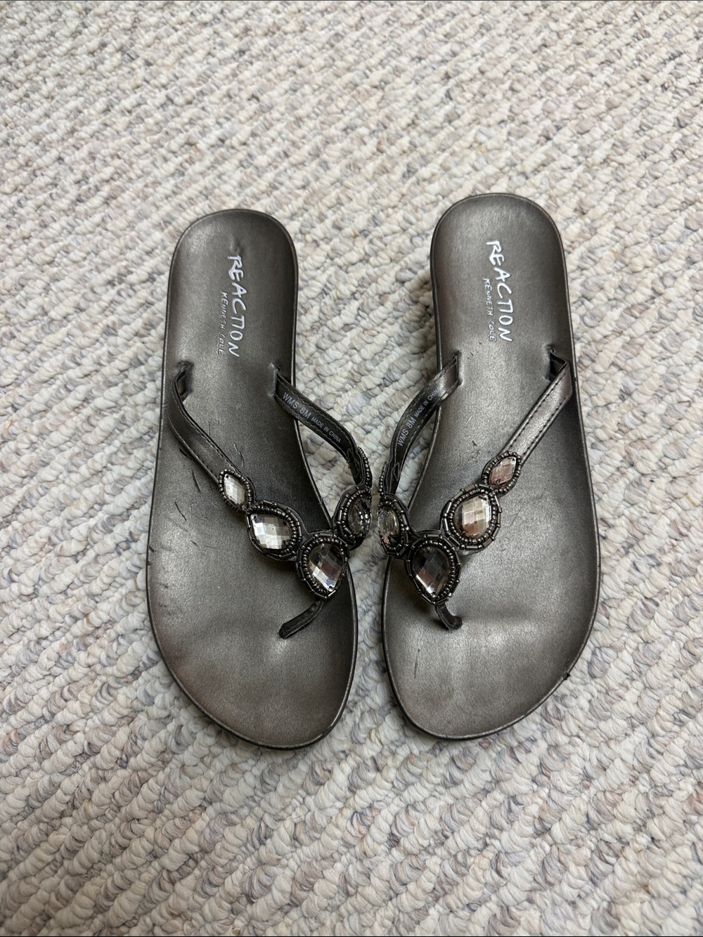 Reaction Kenneth Cole Metallic Black Jeweled Thong Sandals